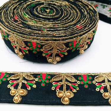Black Art Silk Trim In Red And Gold Embroidery, Approx. 35mm wide, Decorative Trim